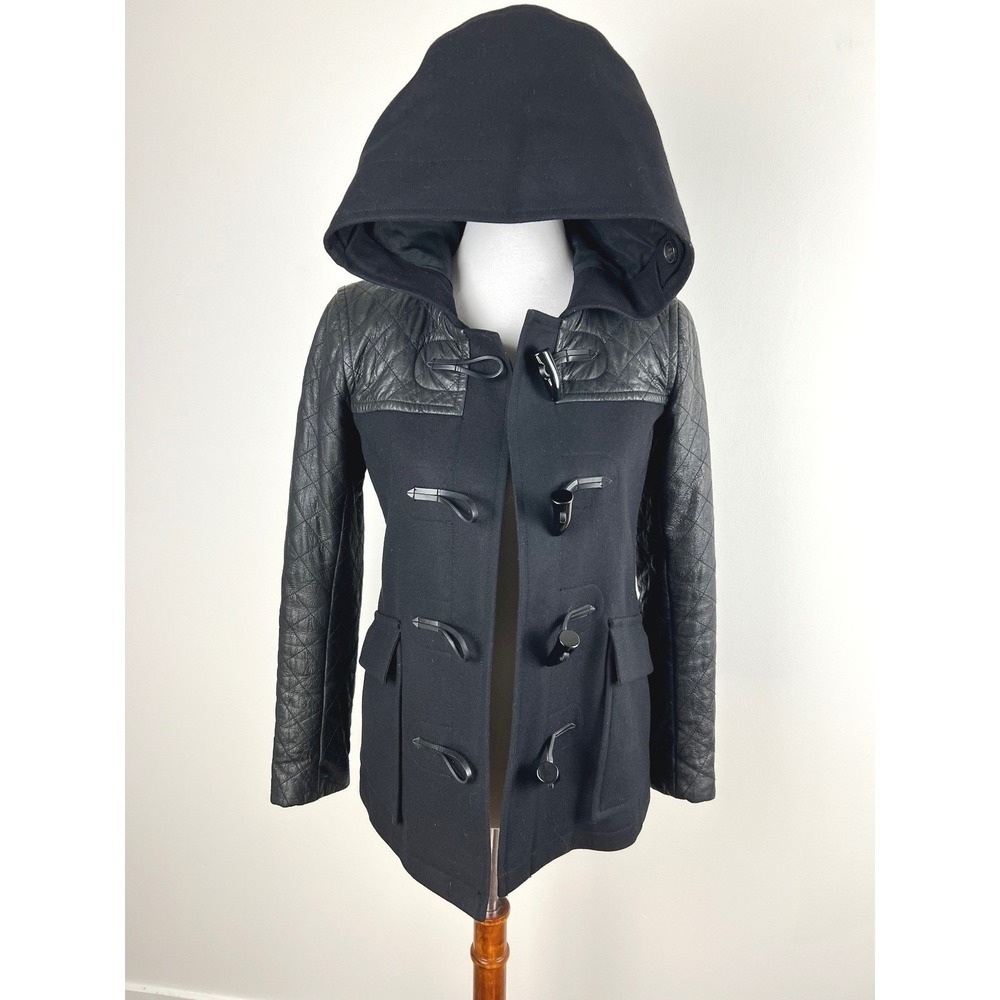 Theory Marimba Raw Edge Wool Lamb Leather Sleeve Hooded Duffle Coat Black Sze SP